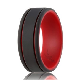 ROQ Silicone Rubber Wedding Ring for Men, Comfort Fit, Men's Wedding Band, Breathable Rubber Engagement Band, 9mm Wide 2mm Thick, 2 Thin Lines Duo Collection, Single, Red & Black, Size 12