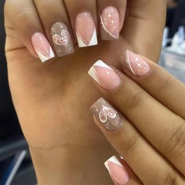 Short Square Valentine's Day Press on Nails Glitter Heart Fake Nails Glossy White French Tip Acrylic Glue on Nails Romantic Valentines Stick on Nails for Women