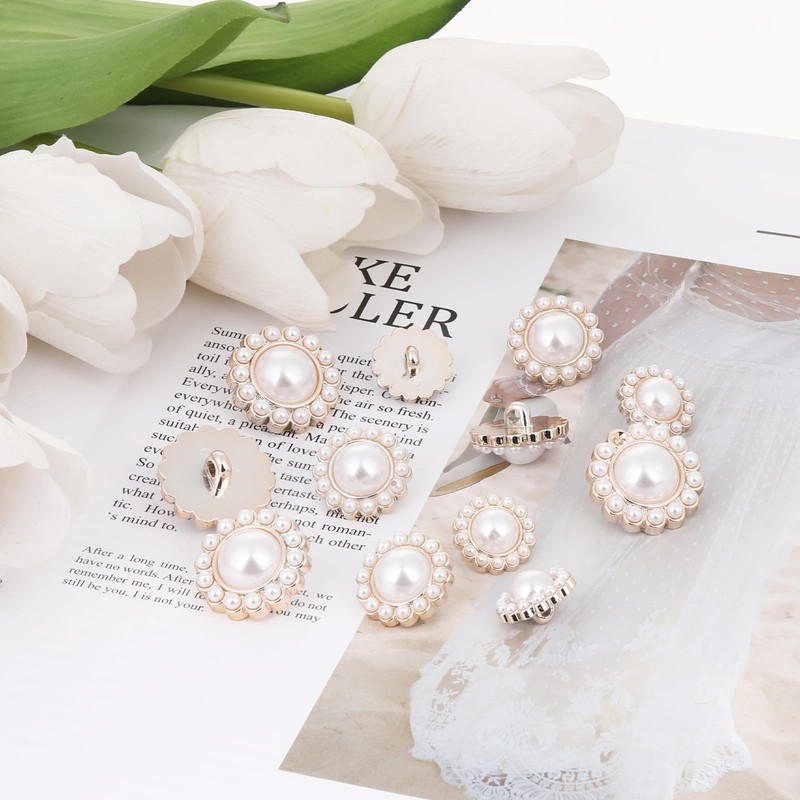 12 PCS Pearl Buttons - Vintage Metal Rhinestone Faux Pearl