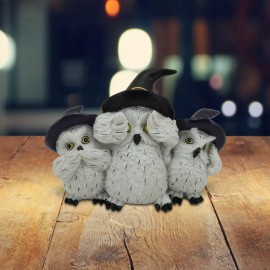5"H 3 Owl with Witch Hat  Hear-No, See-No, Speak-No Evil Figurine Set