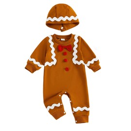 Newborn Infant Christmas Clothes Gingerbread Man Outfits Long Sleeve Romper Jumpsuit Ginger Bread Bodysuit And Hat (Light Brown, 6-12 Months)