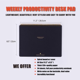 ZERONE CENTRE Productivity Weekly Planner - 54 Sheets Dashboard Spiral Deskpad Has 6 Focus Areas to List Tasks for Goals, Projects, Clients, Academic, or Shopping-Organize Your Daily Work Efficiently