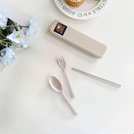 Wheat Straw Cutlery Set – Reusable Travel Utensils with Case – Portable Fork, Spoon & Chopsticks – Eco-Friendly Flatware for Kids & Adults – Lightweight Lunch Box Accessories for Work (cream)