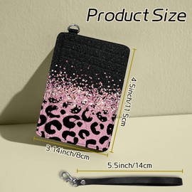 BWEGRHE Small Travel Wallets, Pink Glitter Leopard Slim Minimalist Front Pocket Wallet with Wristlet, RFID Blocking PU Leather Credit Card Holder with ID Window Change Purse for Men Women