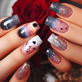 Medium Press on Nails Square Fake Nails with Fantasy Galaxy Designs Glitter Glue on Nails Star Heart False Nails Artificial Nails Reusable Full Cover Stick on Nails for Coquette Women Girls