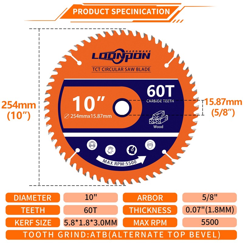 LOONPON 10 Inch Woodworking Saw Blade,5/8" Arbor,60 Teeth Professional Carbide-Tipped