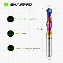 SHARPRO 1/4 Ball Nose CNC Router Bits 1/4 Inch Shank, Carbide Roundover Up Cut Router Bit with Coated, Roundnose End Mill for Wood, Aluminum, Engraving, 1" CL, 2-1/4" OVL