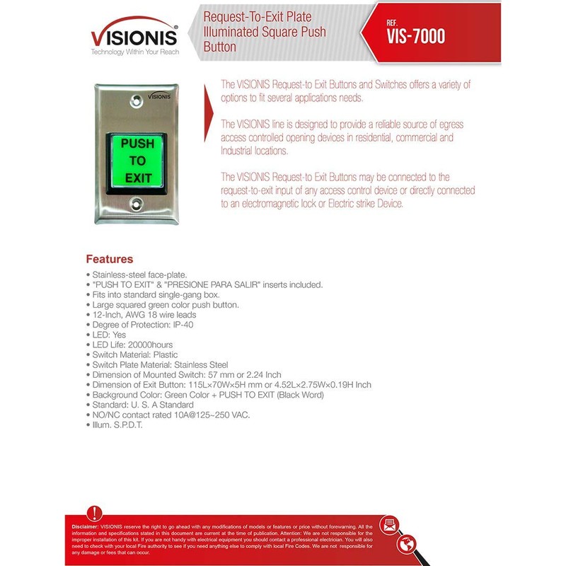 Visionis 2 Pack FPC-7491 VIS-7000 Green Square Push to Exit