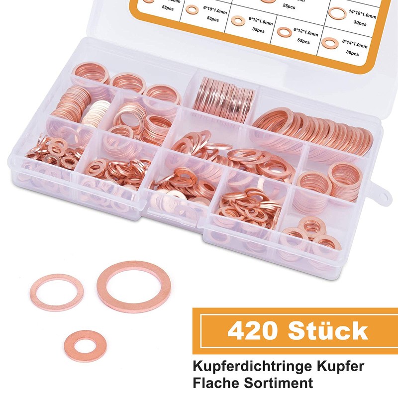 VIGRUE Set of 420 Copper Sealing Rings Assortment, Washers Copper