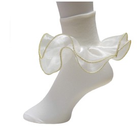 Girls Double Ruffle Socks - Big Full Organza with Trim Pageant Fanfare Foldover Ankle Style - 6-12 Month Old (Size 3-4, Ivory w/ Gold Trim)