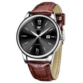 OLEVS Men's Watches Waterproof Leather Strap, Casual Watches Men's Large Dial, Fashion Analogue Quartz Watch, Business Dress Watches with Date, 5009 Black Dial/Brown Strap, Strap.