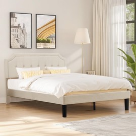 VECELO Full Size Platform Bed Frame with Fabric Upholstered Headboard and Wooden Slats Support, No Box Spring Needed/Easy Assembly,Light Beige
