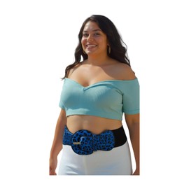 Women Wide Fashion Elastic Belt Hip High Waist Animal Print Leopard Cheetah M L Blue