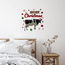 Mooey Christmas Highland Cow with Red Hat Classroom Wall Art Wall Sticker Watercolor Cow Black and White Self-Adhesive Home Decals for Suitcase Bedroom Kitchen Tumblers Vinyl 18in