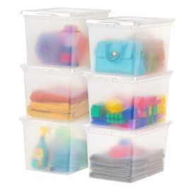 IRIS USA 68 Qt Clear Storage Box, BPA-Free Plastic Stackable Bin with Lid, Containers to Organize Closet Shelves, Clothes, Blankets, Towels, 6 Pack