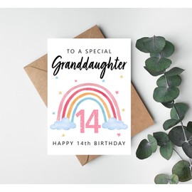 Happy 14Th Birthday To A Special Granddaughter Card - Rainbow Cute Card - Granddaughter's Fourteenth Birthday - Age 14 - Fourteen Year Old - Getting Card - Gifts For Granddaughter From Grandparents