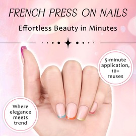 Ladiery French Press on Nails Short Square, Color Reusable lightweight Fake Nails with Glue Tool Kit for Weddings Festival Vacation Gift 24PCS