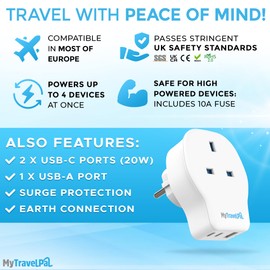MyTravelPal UK to Europe 20W PD Travel Adapter With USB C | British Safety Standards | Fast Charge UK to European Plug Adapter USB-C | Euro EU Adapter Plug France Spain Portugal Turkey Greece