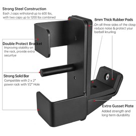J Hooks for 2" x 2" Power Rack, Rubber Pad J-Hook for Power Cage, Bottom Reinforced Steel J Cups for Squat Rack, Heavy Duty Barbell Holder, Black (for 2"x2" Rack with " 1/2 Hole)