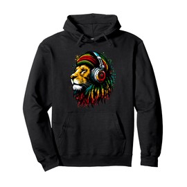 Rastafarian Reggae Rasta Lion of Judah Wearing Headphone Pullover Hoodie