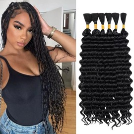 Deep Wave Bulk Hair 6 Bundles/Pack 200g 20 Inch No Weft Deep Wave Bulk Hair for Braiding Extensions for Boho Braids Natural Black Wet and Wavy（Natural Black）