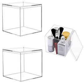 siawadeky Transparent Acrylic Box Set of 2 with Lids, Candy Box, Waterproof, Dustproof, Gift Box, Trinket Box, Cube Case, Stackable, Divided Case, Cosmetics, Jewelry, Figure, Collection, Storage,