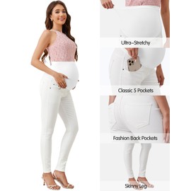 PACBREEZE Women's Maternity Jeans Over Belly Skinny Stretchy Denim Pants Comfy Slim Pregnancy Pants (White, Small)
