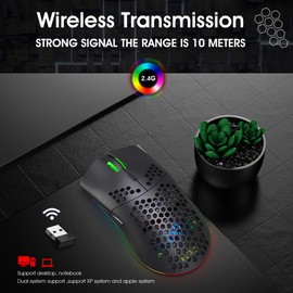 Drahtlose Gaming Maus, 2,4G Superleichte Wabenschale Ergonomische RGB-Mäuse mit 750mAh Akku, Energiesparendes Design, 6 Tasten und Mini-USB-Empfänger für Windows, Mac OS, Laptop, Smart-TV(Schwarz)