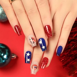 Independence Day Square Fake Nails, Star Press on Nails Medium Length with Red Glitter Design, July 4th Glossy False Nails Set for Women Holiday Acrylic Nails Gift with Glue (24pcs)