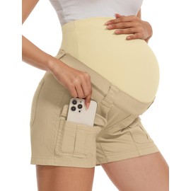 POSHGLAM Women's Maternity Cargo Jean Shorts Stretchy Comfy Cotton Denim Shorts(Khaki, Large)