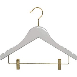 Kids White Finish Wood Combo Hanger with Clips and Notches in 12" Length X 7/16" Thick with Rubber Strips and Brass Hardware, Box of 25