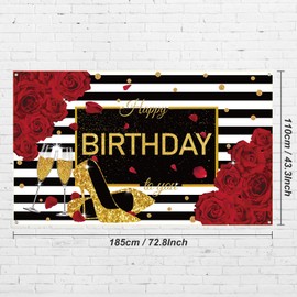 Women Birthday Decorations Happy Birthday Backdrop Photography Background Red Rose Birthday Party Decor Gold High Heels Champagne Glass Banner for 30th 40th 50th 60th Party Supplies, 6 x 3.6 ft