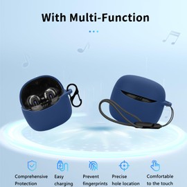 for JBL Tune Flex 2 Case Cover, Wireless Earphone Silicone Protective case (with Carabiner + Lanyard) Drop-Proof, Scratch-Proof, Shock-Proof, Reserved Charging Port, dust-Proof (Blue)