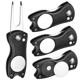 TIXIPEM Golf Divot Repair Tool [4PCS] - Switch Foldable Divot Tool Rack with Magnetic Ball Marker & Open Button Use for Golf Accessories & Gifts - [Black] Green Fork Tines