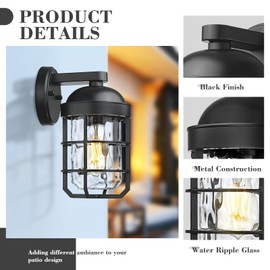 Emliviar Cylinder Outdoor Wall Lights Set of 2, 11" Black Outside Lamps Wall Mount for Porch, Garage, Front Door, E26 Socket with Water Ripple Glass, GE255BL-2PK BK-WG