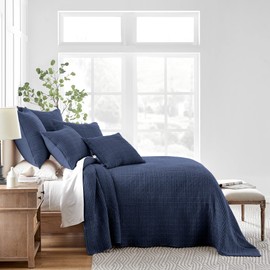 Levtex Home - Mills Waffle - King Quilted Bedspread Set - Navy Cotton Waffle - Bedspread Size (120 x 104in.), Sham Size (36 x 20in.)