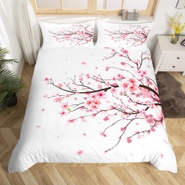 Feelyou Cherry Blossoms Bedding Set for Kids Boys Girls Japanese Style Comforter Cover Set Twin Size Sakura Flower Duvet Cover Bedroom Decor Floral Botanical Bedspread Cover Bedding Collection 2Pcs