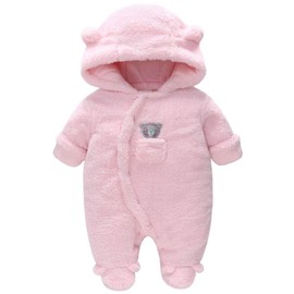Baby Winter Snowsuit Baby Rompers, Boy and Girl One-Piece Suit with Hood, Toddler Outerwear Snowsuit Set Thick and Warm,Pink 3-6 Months