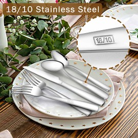 Herogo 18/10 Stainless Steel Silverware Set, 60-Piece Fancy Flatware Cutlery Set for 12, Modern Eating Utensils Tableware for Home Restaurant Wedding, Mirror Polished, Dishwasher Safe