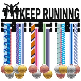 CREATCABIN Keep Running Medal Holder Sport Medal Hanger Wall Mount Race Awards Storage Rack with 2 Rows Hooks for 30+ Medals Ribbons Hanging Display Outdoor Marathon Athletes Winners Gift 15.7x5.9in