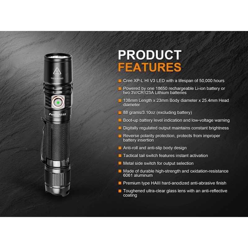 Fenix PD35 V3.0 LED Taschenlampe IP68 (wasserdicht), mit Guertelclip, mit