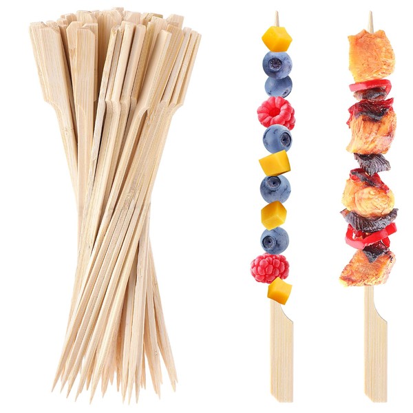8 inch Bamboo Skewers, 100 PCS Bamboo Sticks for Cocktail Appetizer Toothpicks Kabab Skewers Picks Paddle Wooden Skewers for Cocktail, Fruit, Grilling, Drink, BBQ, Fondue(8 Inch)