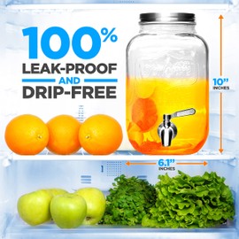 NutriChef 1-Gallon Glass Beverage Dispenser-Mason Jar Style Drink Container Jug w/Stainless Steel Spigot&Plastic Ice Infuser,Wide Mouth Easy Filling,100% Leak-proof Lid,For Party or Daily Use