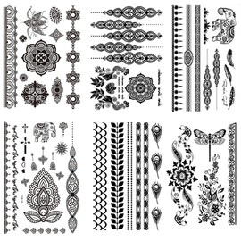 Yesallwas Henna Realistic Large 6 Pcs Set Metal Star Feather Sea Flower Shiny Tattoo Sticker Tattoo Sticker Body Seal for Arm,Leg,Body,Back 15x21cm (F)