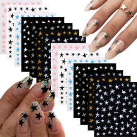 14 Sheets Star Nail Art Stickers 3D Self Adhesive Shiny Star Nail Decals Gold Aurora Silver Black White Pink Blue Pentagram Nails Design for Women Nail Art Decoration Accessories