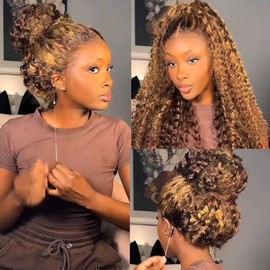 Hidden Strap 360 Deep Wave Lace Front Wigs Human Hair 220% Density Honey Blonde Deep Curly Human Hair wig Ombre Deep Wave 4/27 Highlight Lace Front Wigs Wet And Wavy Water Wave Wig for Women 22 Inch