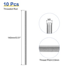 sourcing map 10Pcs M5 x 140mm Fully Threaded Rod 304 Stainless Steel Right Hand Threads Bar Studs for Anchors Bolts, Clamps, Hangers and U-Bolts, 0.8 Thread Pitch