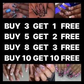 Buy 10 Get 10 Free! [Machine-Made] 24pcs Press-On Nails with Rhinestones & Flowers – French Style Glue-On Nails for Women & Girls Full Cover Shiny Glitter Long Lasting Quality:_M-AL-BK-005
