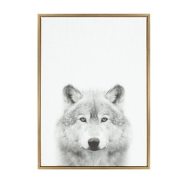 Kate and Laurel - Sylvie Wolf Animal Print Black and White Portrait Framed Canvas Wall Art by Simon Te Tai, Gold 23x33