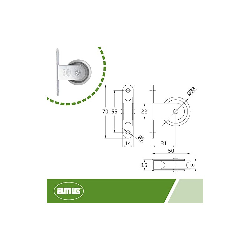 Amig - Galvanised Pulley with Metal Roller and Holder for